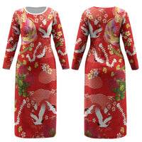 Hawaiian and Japanese Culture Together Couples Matching Long Sleeve Bodycon Dress and Hawaiian Shirt Kakau Tribal Pattern and Irezumi Art Red Color