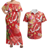 Hawaiian and Japanese Culture Together Couples Matching Off Shoulder Maxi Dress and Hawaiian Shirt Kakau Tribal Pattern and Irezumi Art Red Color