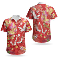 Hawaiian and Japanese Culture Together Couples Matching Off The Shoulder Long Sleeve Dress and Hawaiian Shirt Kakau Tribal Pattern and Irezumi Art Red Color
