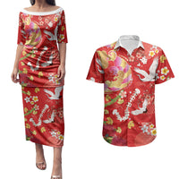 Hawaiian and Japanese Culture Together Couples Matching Puletasi and Hawaiian Shirt Kakau Tribal Pattern and Irezumi Art Red Color