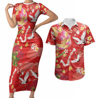 Hawaiian and Japanese Culture Together Couples Matching Short Sleeve Bodycon Dress and Hawaiian Shirt Kakau Tribal Pattern and Irezumi Art Red Color LT03 Red - Polynesian Pride
