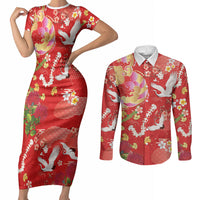 Hawaiian and Japanese Culture Together Couples Matching Short Sleeve Bodycon Dress and Long Sleeve Button Shirt Kakau Tribal Pattern and Irezumi Art Red Color LT03 Red - Polynesian Pride