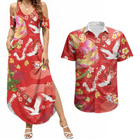 Hawaiian and Japanese Culture Together Couples Matching Summer Maxi Dress and Hawaiian Shirt Kakau Tribal Pattern and Irezumi Art Red Color
