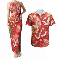 Hawaiian and Japanese Culture Together Couples Matching Tank Maxi Dress and Hawaiian Shirt Kakau Tribal Pattern and Irezumi Art Red Color