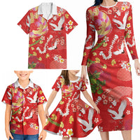 Hawaiian and Japanese Culture Together Family Matching Long Sleeve Bodycon Dress and Hawaiian Shirt Kakau Tribal Pattern and Irezumi Art Red Color