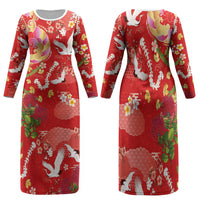 Hawaiian and Japanese Culture Together Family Matching Long Sleeve Bodycon Dress and Hawaiian Shirt Kakau Tribal Pattern and Irezumi Art Red Color LT03 Mom's Dress Red - Polynesian Pride