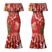 Hawaiian and Japanese Culture Together Family Matching Mermaid Dress and Hawaiian Shirt Kakau Tribal Pattern and Irezumi Art Red Color