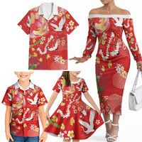 Hawaiian and Japanese Culture Together Family Matching Off The Shoulder Long Sleeve Dress and Hawaiian Shirt Kakau Tribal Pattern and Irezumi Art Red Color