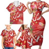 Hawaiian and Japanese Culture Together Family Matching Short Sleeve Bodycon Dress and Hawaiian Shirt Kakau Tribal Pattern and Irezumi Art Red Color