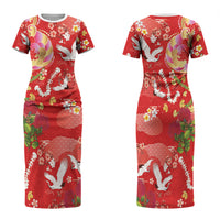 Hawaiian and Japanese Culture Together Family Matching Short Sleeve Bodycon Dress and Hawaiian Shirt Kakau Tribal Pattern and Irezumi Art Red Color LT03 Mom's Dress Red - Polynesian Pride