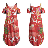 Hawaiian and Japanese Culture Together Family Matching Summer Maxi Dress and Hawaiian Shirt Kakau Tribal Pattern and Irezumi Art Red Color