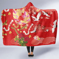 Hawaiian and Japanese Culture Together Hooded Blanket Kakau Tribal Pattern and Irezumi Art Red Color