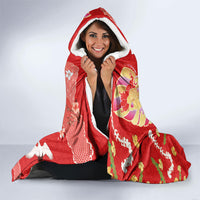 Hawaiian and Japanese Culture Together Hooded Blanket Kakau Tribal Pattern and Irezumi Art Red Color