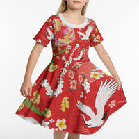 Hawaiian and Japanese Culture Together Kid Short Sleeve Dress Kakau Tribal Pattern and Irezumi Art Red Color
