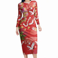 Hawaiian and Japanese Culture Together Long Sleeve Bodycon Dress Kakau Tribal Pattern and Irezumi Art Red Color