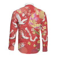 Hawaiian and Japanese Culture Together Long Sleeve Button Shirt Kakau Tribal Pattern and Irezumi Art Red Color