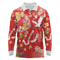Hawaiian and Japanese Culture Together Long Sleeve Polo Shirt Kakau Tribal Pattern and Irezumi Art Red Color