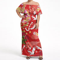 Hawaiian and Japanese Culture Together Off Shoulder Maxi Dress Kakau Tribal Pattern and Irezumi Art Red Color