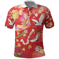 Hawaiian and Japanese Culture Together Polo Shirt Kakau Tribal Pattern and Irezumi Art Red Color