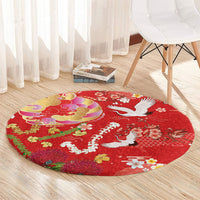 Hawaiian and Japanese Culture Together Round Carpet Kakau Tribal Pattern and Irezumi Art Red Color
