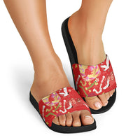 Hawaiian and Japanese Culture Together Slide Sandals Kakau Tribal Pattern and Irezumi Art Red Color