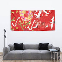 Hawaiian and Japanese Culture Together Tapestry Kakau Tribal Pattern and Irezumi Art Red Color