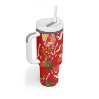 Hawaiian and Japanese Culture Together Tumbler With Handle Kakau Tribal Pattern and Irezumi Art Red Color