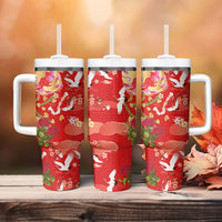 Hawaiian and Japanese Culture Together Tumbler With Handle Kakau Tribal Pattern and Irezumi Art Red Color