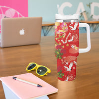 Hawaiian and Japanese Culture Together Tumbler With Handle Kakau Tribal Pattern and Irezumi Art Red Color