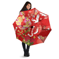 Hawaiian and Japanese Culture Together Umbrella Kakau Tribal Pattern and Irezumi Art Red Color