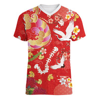 Hawaiian and Japanese Culture Together Women V-Neck T-Shirt Kakau Tribal Pattern and Irezumi Art Red Color