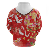 Hawaiian and Japanese Culture Together Zip Hoodie Kakau Tribal Pattern and Irezumi Art Red Color