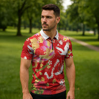Hawaiian and Japanese Culture Together Zipper Polo Shirt Kakau Tribal Pattern and Irezumi Art Red Color LT03 - Polynesian Pride