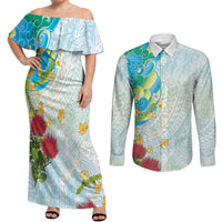 Japanese and Hawaiian Culture Fusion Couples Matching Off Shoulder Maxi Dress and Long Sleeve Button Shirt Irezumi with Turtles and Lei Kakau Pattern Fresh Vibe