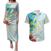 Japanese and Hawaiian Culture Fusion Couples Matching Puletasi and Hawaiian Shirt Irezumi with Turtles and Lei Kakau Pattern Fresh Vibe