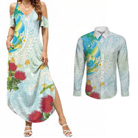 Japanese and Hawaiian Culture Fusion Couples Matching Summer Maxi Dress and Long Sleeve Button Shirt Irezumi with Turtles and Lei Kakau Pattern Fresh Vibe