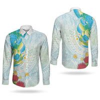 Japanese and Hawaiian Culture Fusion Couples Matching Tank Maxi Dress and Long Sleeve Button Shirt Irezumi with Turtles and Lei Kakau Pattern Fresh Vibe