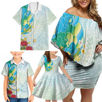 Japanese and Hawaiian Culture Fusion Family Matching Off Shoulder Short Dress and Hawaiian Shirt Irezumi with Turtles and Lei Kakau Pattern Fresh Vibe