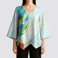Japanese and Hawaiian Culture Fusion Kimono Sleeve Blouse Irezumi with Turtles and Lei Kakau Pattern Fresh Vibe