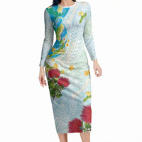 Japanese and Hawaiian Culture Fusion Long Sleeve Bodycon Dress Irezumi with Turtles and Lei Kakau Pattern Fresh Vibe