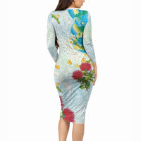 Japanese and Hawaiian Culture Fusion Long Sleeve Bodycon Dress Irezumi with Turtles and Lei Kakau Pattern Fresh Vibe