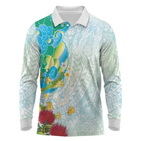 Japanese and Hawaiian Culture Fusion Long Sleeve Polo Shirt Irezumi with Turtles and Lei Kakau Pattern Fresh Vibe