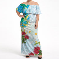 Japanese and Hawaiian Culture Fusion Off Shoulder Maxi Dress Irezumi with Turtles and Lei Kakau Pattern Fresh Vibe