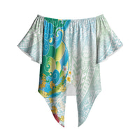 Japanese and Hawaiian Culture Fusion Off Shoulder Wrap Waist Top Irezumi with Turtles and Lei Kakau Pattern Fresh Vibe
