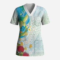 Japanese and Hawaiian Culture Fusion Scrub Top Irezumi with Turtles and Lei Kakau Pattern Fresh Vibe