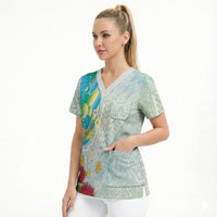 Japanese and Hawaiian Culture Fusion Scrub Top Irezumi with Turtles and Lei Kakau Pattern Fresh Vibe