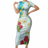 Japanese and Hawaiian Culture Fusion Short Sleeve Bodycon Dress Irezumi with Turtles and Lei Kakau Pattern Fresh Vibe