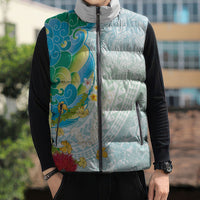 Japanese and Hawaiian Culture Fusion Sleeveless Puffer Jacket Irezumi with Turtles and Lei Kakau Pattern Fresh Vibe