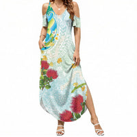Japanese and Hawaiian Culture Fusion Summer Maxi Dress Irezumi with Turtles and Lei Kakau Pattern Fresh Vibe