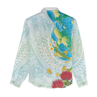 Japanese and Hawaiian Culture Fusion Women Casual Shirt Irezumi with Turtles and Lei Kakau Pattern Fresh Vibe